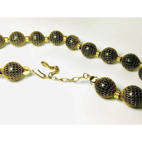 Vintage Womens Black Gold Chunky Beaded Necklace With Extension Fashion Jewelry - Picture 3 of 6